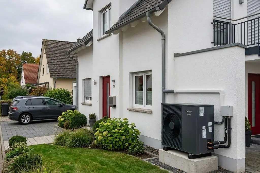 Aussengeraet der Waermepumpe an der Hauswand, Einfamilienhaus im Raum Braunschweig