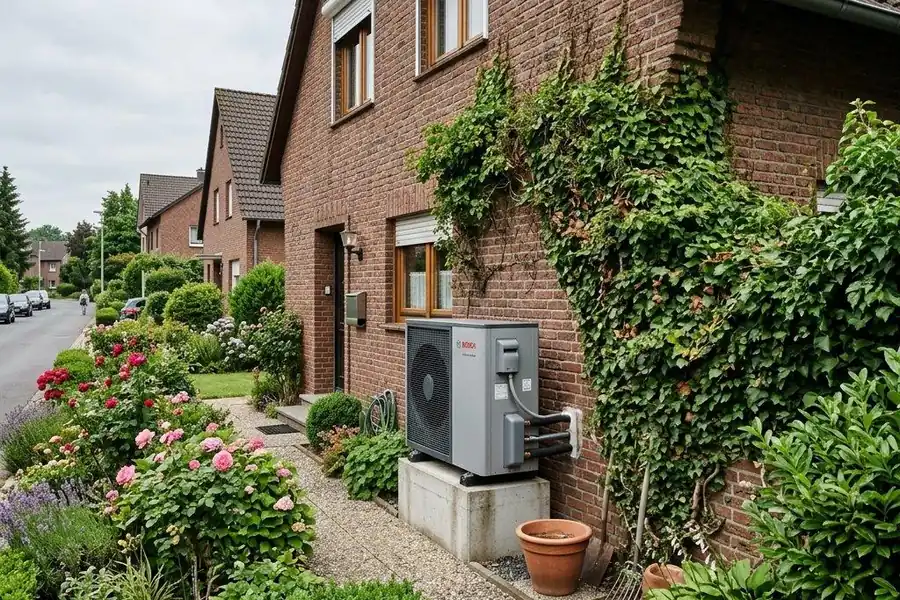 Waermepumpe neben der Terrasse eines Einfamilienhauses im Raum Braunschweig